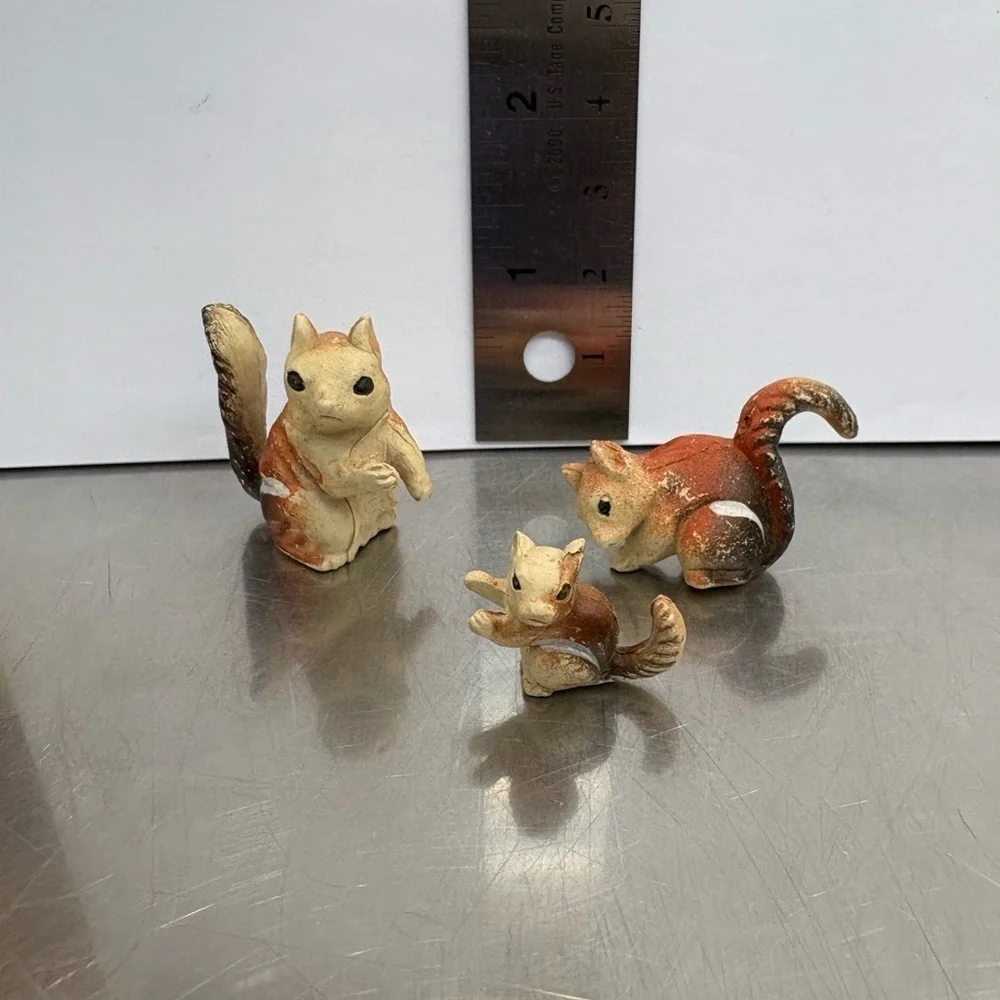 3 Vintage Plastic Squirrel Figurines Toys - Marked Hong Kong Mini Miniature